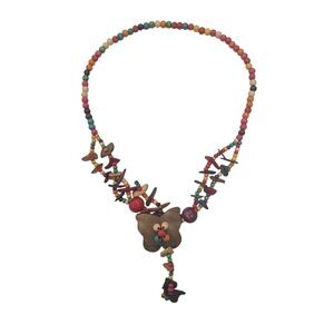 Vintage Handmade Wooden Beaded Butterfly Colorful Rainbow Festival Boho Necklace